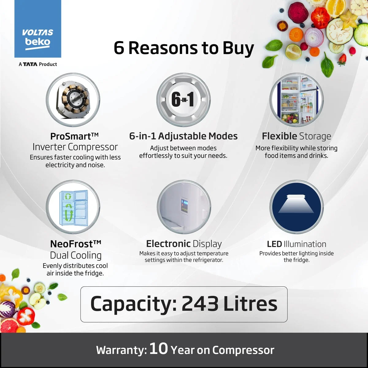 Voltas Beko RFF280D – 243L Double Door Refrigerator
