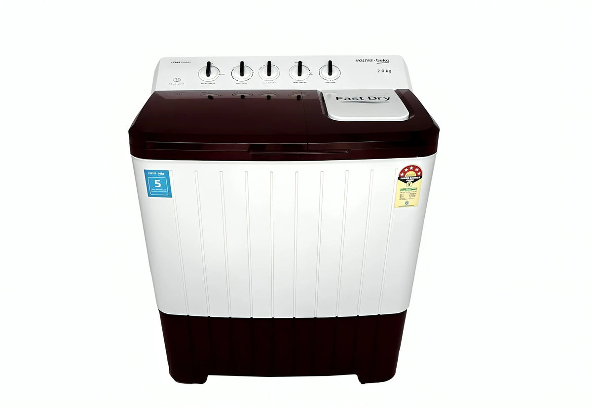 Voltas Beko 7 kg 5 Star Semi-Automatic Top Load Washing Machine – White & Maroon