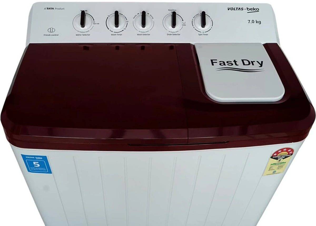 Voltas Beko 7 kg 5 Star Semi-Automatic Top Load Washing Machine – White & Maroon